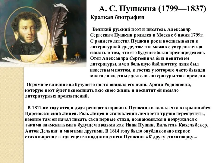А. С. Пушкина (1799—1837) Краткая биография Великий русский поэт и писатель Александр