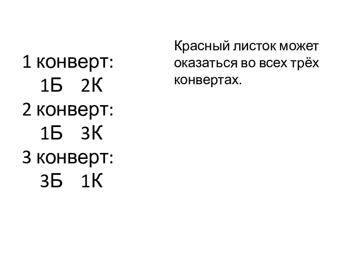 1 конверт: 1Б 2К 2 конверт: 1Б 3К 3 конверт: 3Б 1К