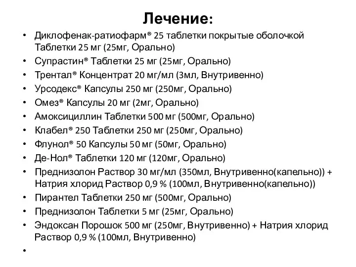 Лечение: Диклофенак-ратиофарм® 25 таблетки покрытые оболочкой Таблетки 25 мг (25мг, Орально) Супрастин®