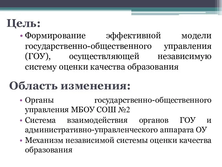 Формирование эффективной модели государственно-общественного управления (ГОУ), осуществляющей независимую систему оценки качества образования