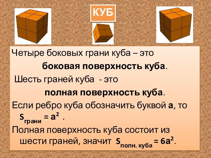 Четыре боковых грани куба – это боковая поверхность куба. Шесть граней куба