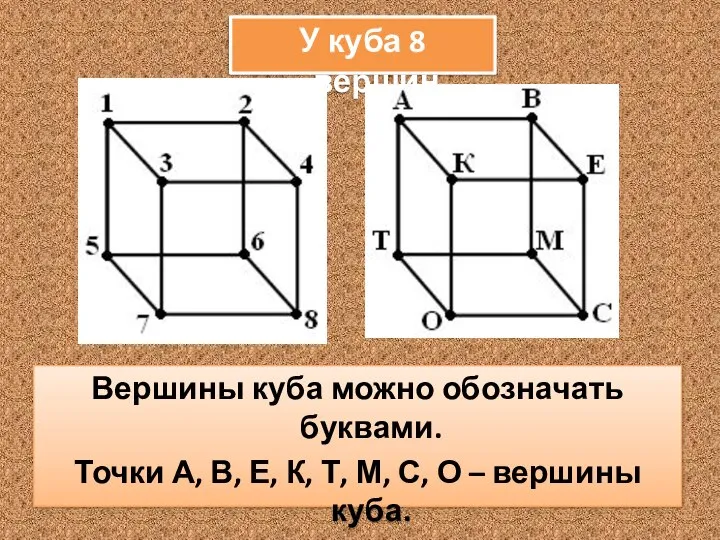 Вершины куба можно обозначать буквами. Точки А, В, Е, К, Т, М,