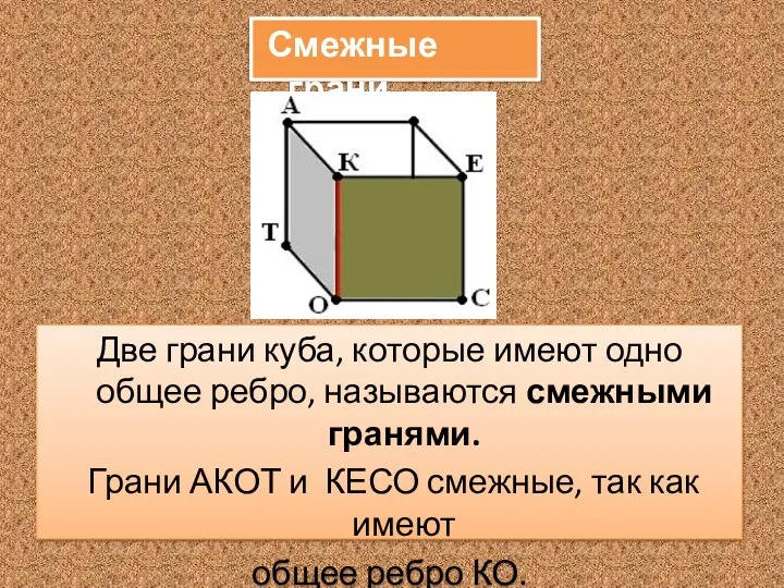 Две грани куба, которые имеют одно общее ребро, называются смежными гранями. Грани