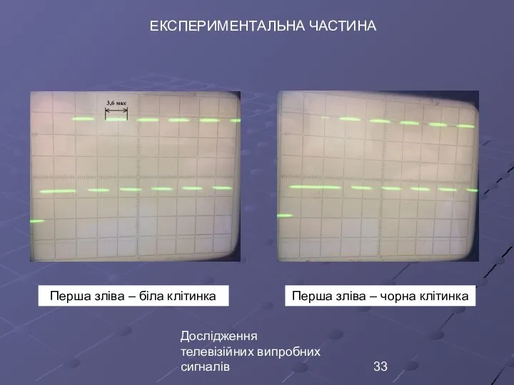 Дослідження телевізійних випробних сигналів ЕКСПЕРИМЕНТАЛЬНА ЧАСТИНА Перша зліва – біла клітинка Перша зліва – чорна клітинка