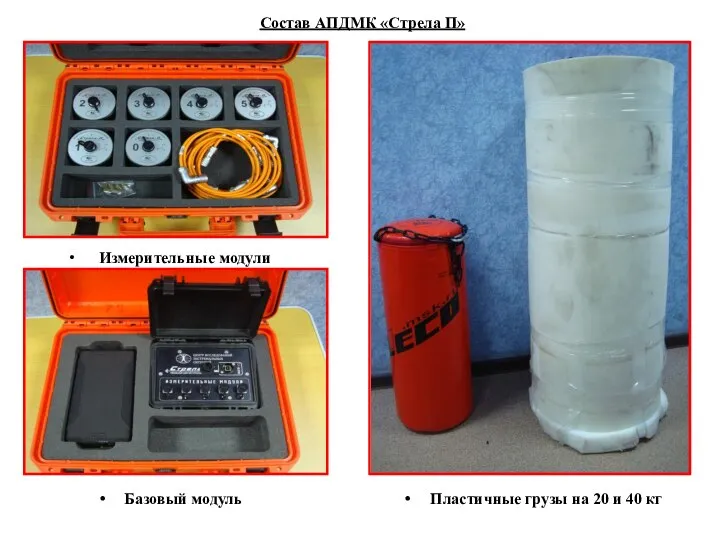 Измерительные модули Базовый модуль Состав АПДМК «Стрела П» Пластичные грузы на 20 и 40 кг