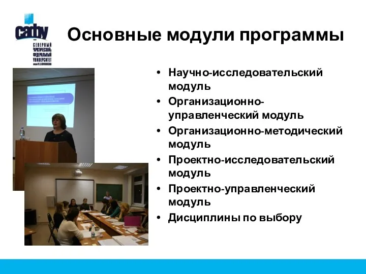 Основные модули программы Научно-исследовательский модуль Организационно-управленческий модуль Организационно-методический модуль Проектно-исследовательский модуль Проектно-управленческий модуль Дисциплины по выбору