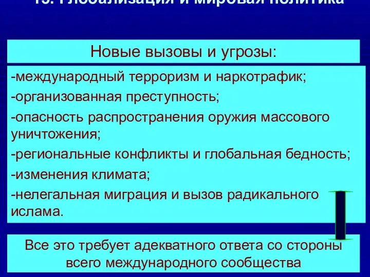 13. Глобализация и мировая политика Новые вызовы и угрозы: -международный терроризм и