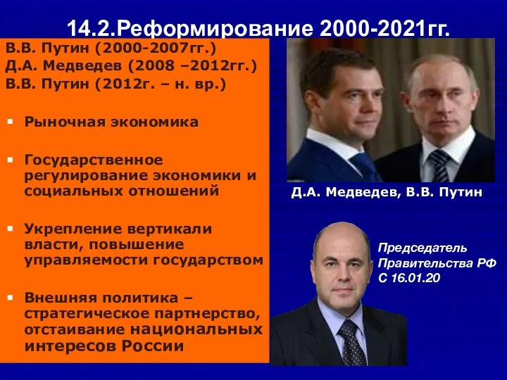 14.2.Реформирование 2000-2021гг. В.В. Путин (2000-2007гг.) Д.А. Медведев (2008 –2012гг.) В.В. Путин (2012г.