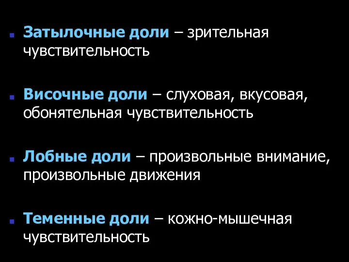 Затылочные доли – зрительная чувствительность Височные доли – слуховая, вкусовая, обонятельная чувствительность