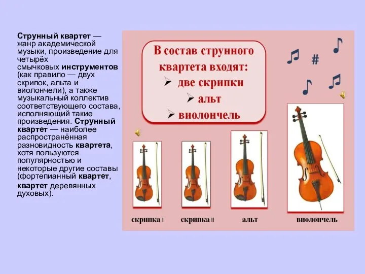 Струнный квартет — жанр академической музыки, произведение для четырёх смычковых инструментов (как