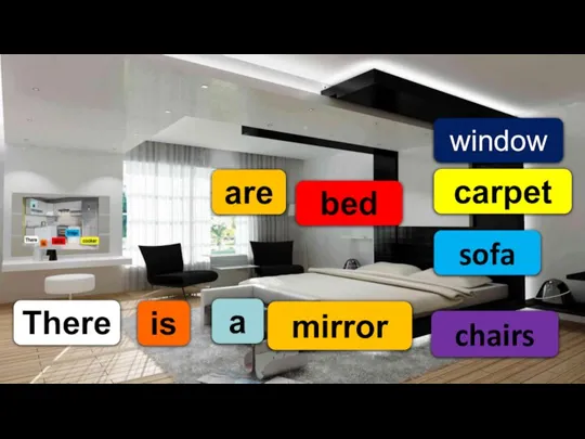 bed sofa carpet chairs a window mirror are is There