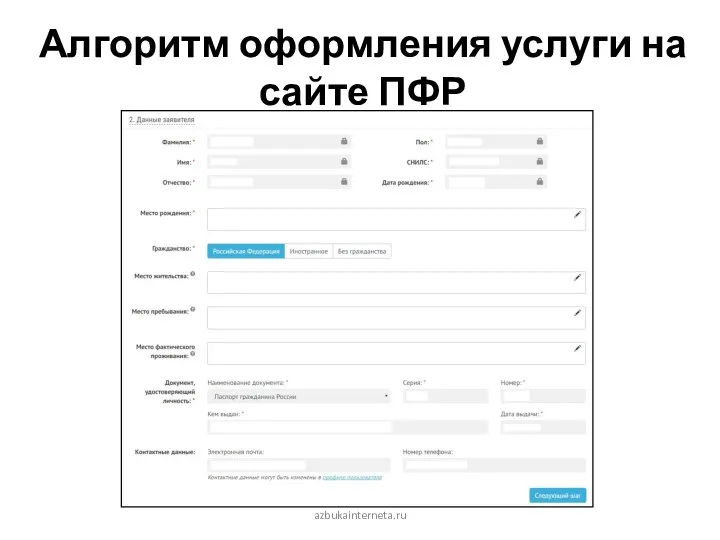Алгоритм оформления услуги на сайте ПФР . azbukainterneta.ru