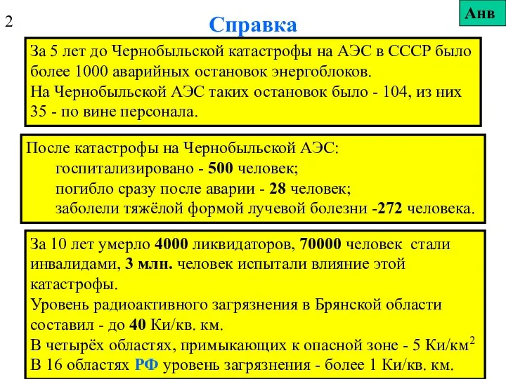 Справка За 5 лет до Чернобыльской катастрофы на АЭС в СССР было