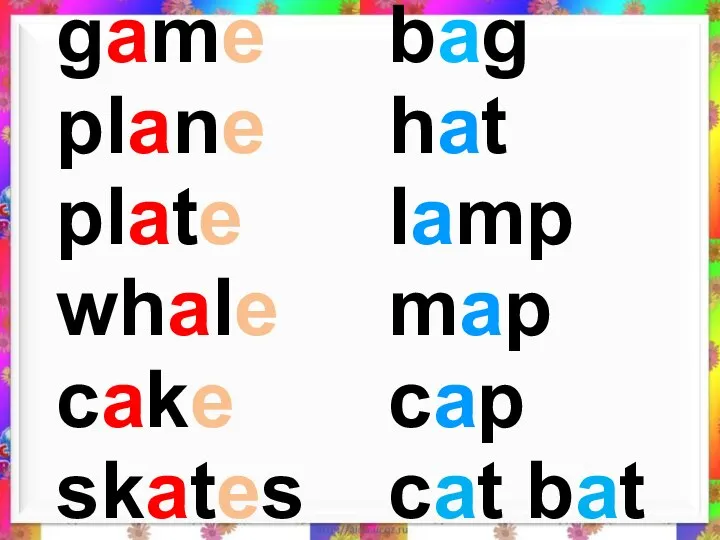 bag hat lamp map cap cat bat game plane plate whale cake skates