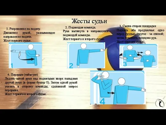 1. Разрешение на подачу. Движение рукой, указывающее направление подачи. Жест первого судьи.