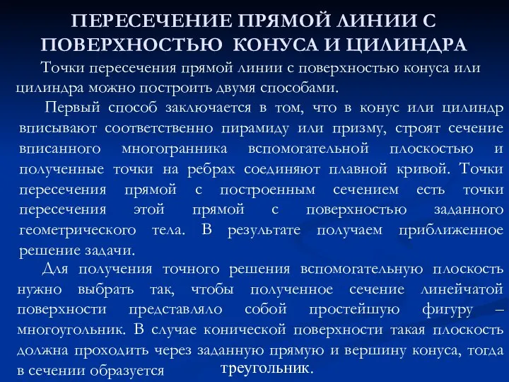 ПЕРЕСЕЧЕНИЕ ПРЯМОЙ ЛИНИИ С ПОВЕРХНОСТЬЮ КОНУСА И ЦИЛИНДРА Точки пересечения прямой линии