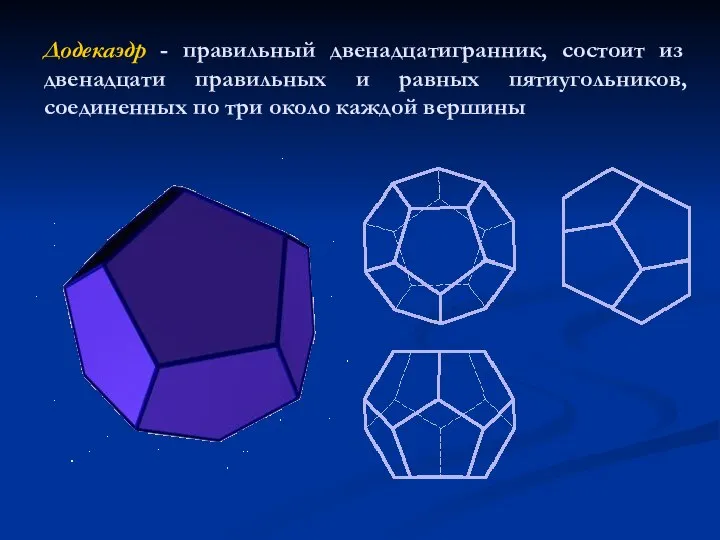 Додекаэдр - правильный двенадцатигранник, состоит из двенадцати правильных и равных пятиугольников, соединенных