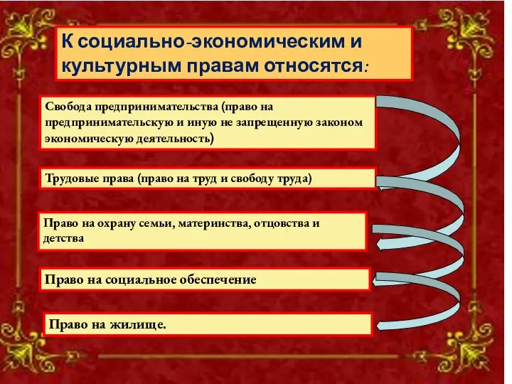 К социально-экономическим и культурным правам относятся: Свобода предпринимательства (право на предпринимательскую и