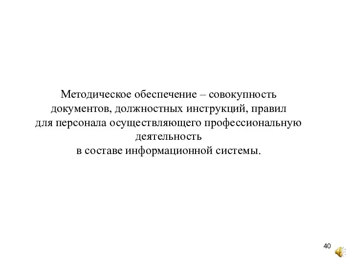 Методическое обеспечение – совокупность документов, должностных инструкций, правил для персонала осуществляющего профессиональную