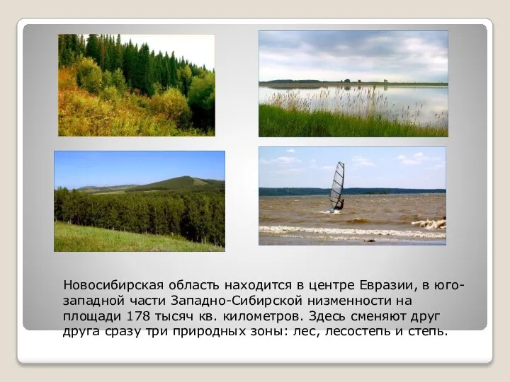 Новосибирская область находится в центре Евразии, в юго-западной части Западно-Сибирской низменности на