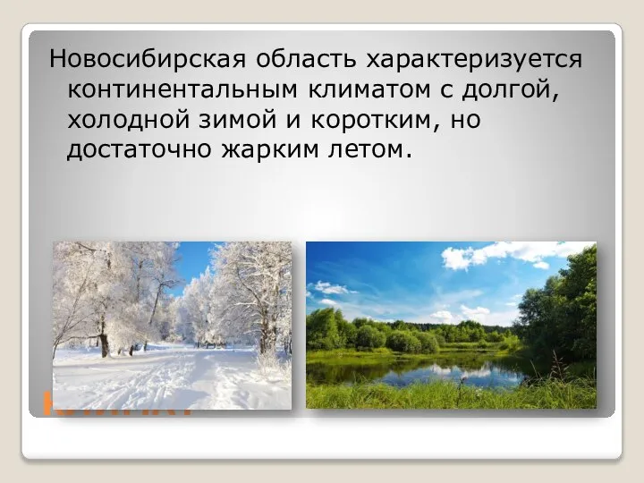 КЛИМАТ Новосибирская область характеризуется континентальным климатом с долгой, холодной зимой и коротким, но достаточно жарким летом.
