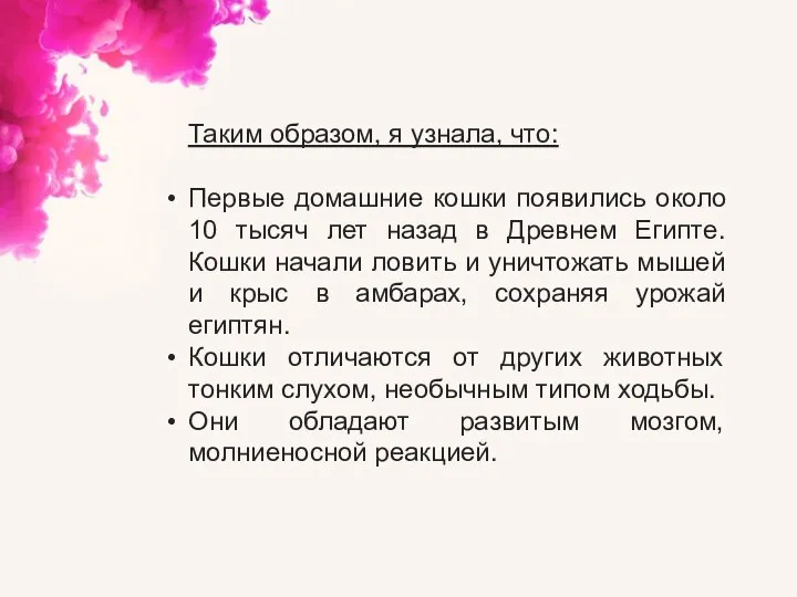 Таким образом, я узнала, что: Первые домашние кошки появились около 10 тысяч