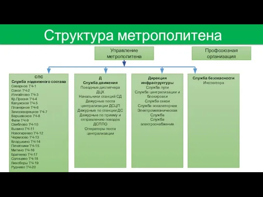 Структура метрополитена Управление метрополитена СПС Служба подвижного состава Северное ТЧ-1 Сокол ТЧ-2