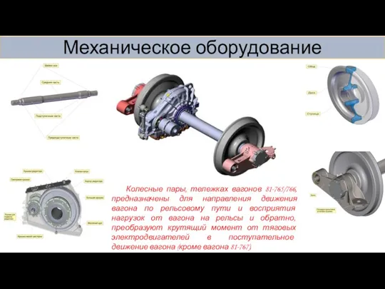 Механическое оборудование Колесные пары, тележках вагонов 81-765/766, предназначены для направления движения вагона