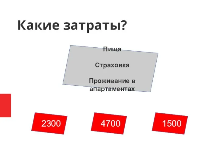 Какие затраты? Пища Страховка Проживание в апартаментах 2300 4700 1500