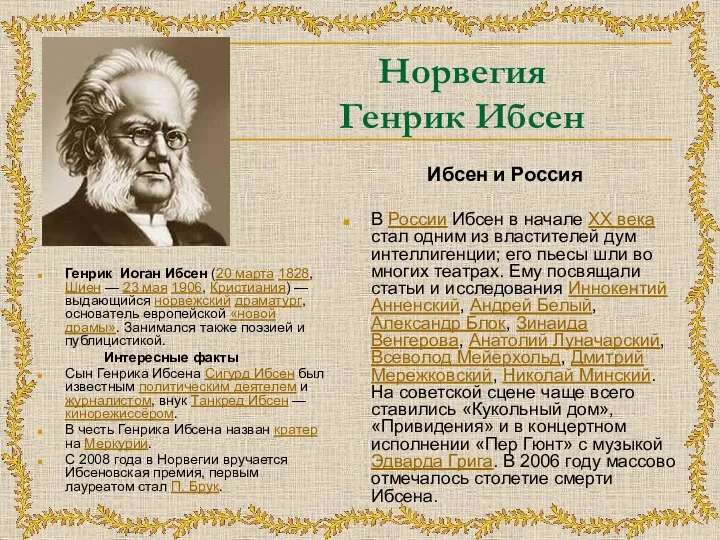 Норвегия Генрик Ибсен Генрик Иоган Ибсен (20 марта 1828, Шиен — 23