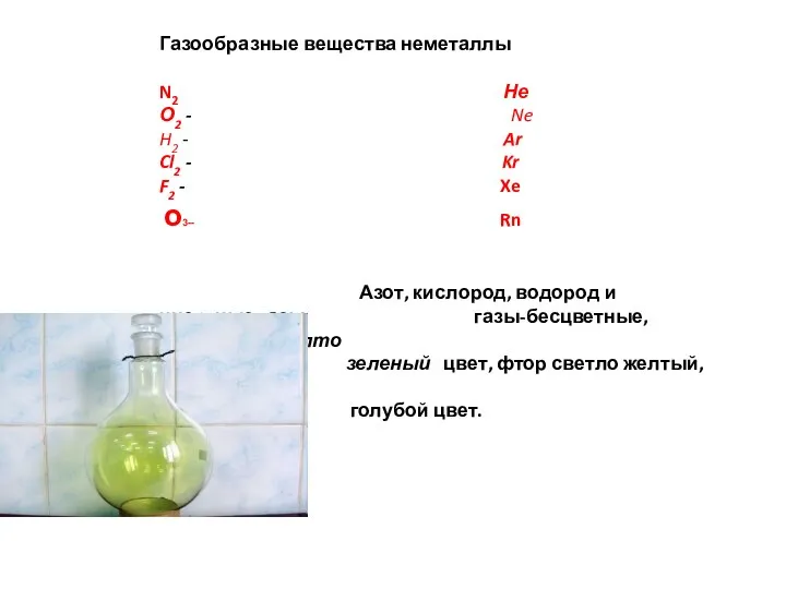 Газообразные вещества неметаллы N2 Не О2 - Ne H2 - Ar Cl2