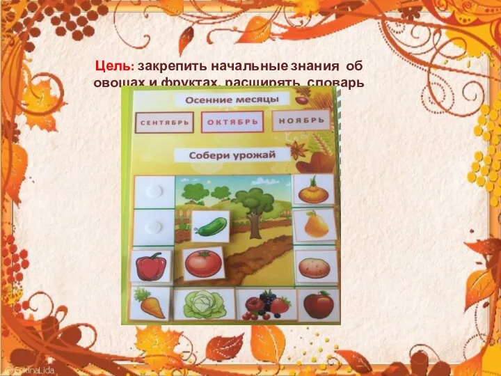 Цель: закрепить начальные знания об овощах и фруктах, расширять словарь детей.