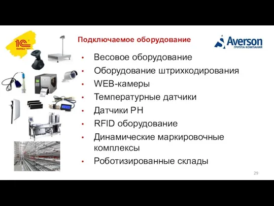 Подключаемое оборудование Весовое оборудование Оборудование штрихкодирования WEB-камеры Температурные датчики Датчики PH RFID