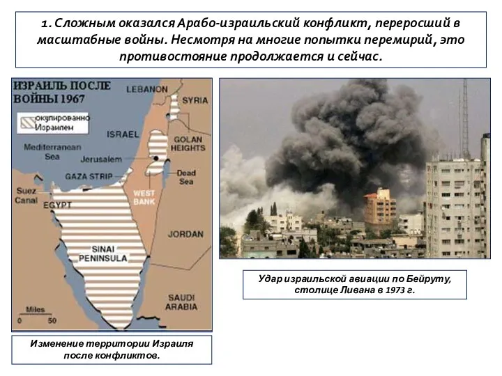 1. Сложным оказался Арабо-израильский конфликт, переросший в масштабные войны. Несмотря на многие