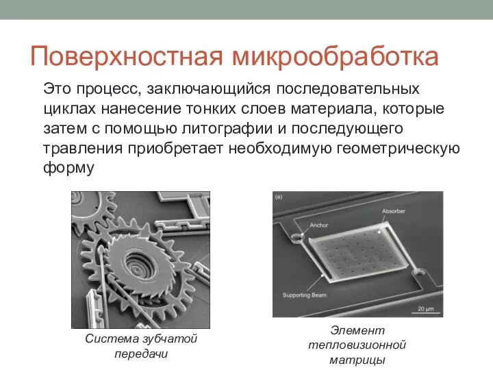 Поверхностная микрообработка Система зубчатой передачи Элемент тепловизионной матрицы Это процесс, заключающийся последовательных