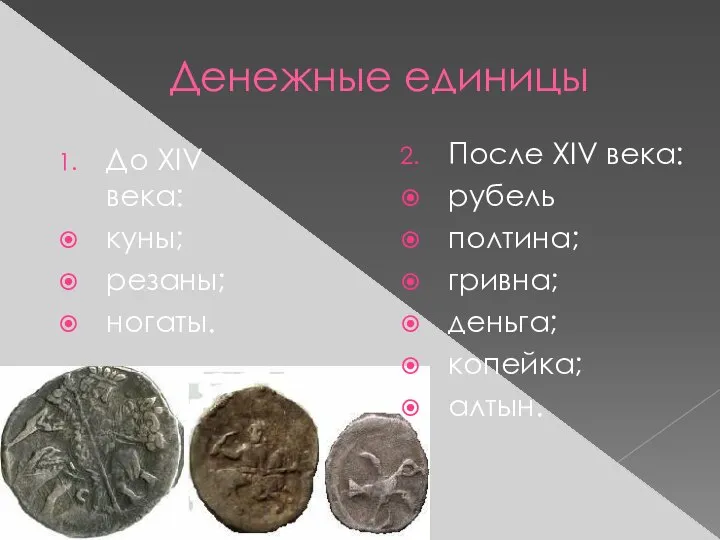 Денежные единицы До XIV века: куны; резаны; ногаты. После XIV века: рубель