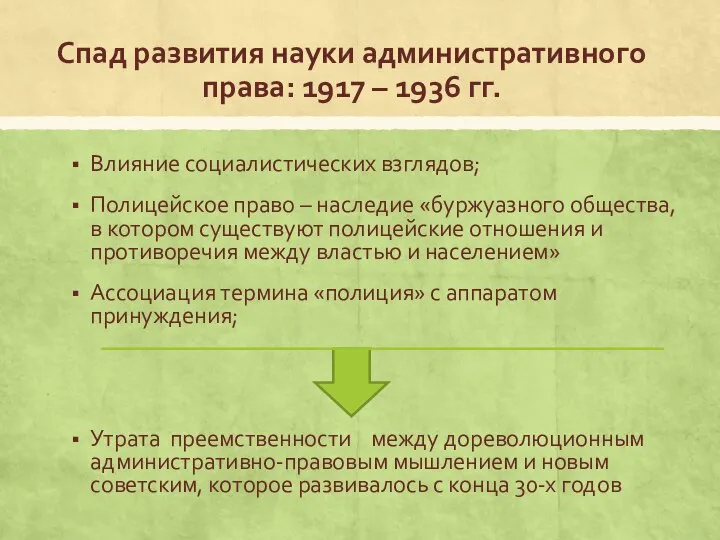 Спад развития науки административного права: 1917 – 1936 гг. Влияние социалистических взглядов;