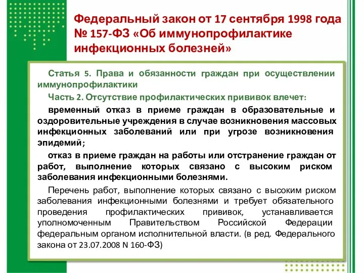 Статья 5. Права и обязанности граждан при осуществлении иммунопрофилактики Часть 2. Отсутствие