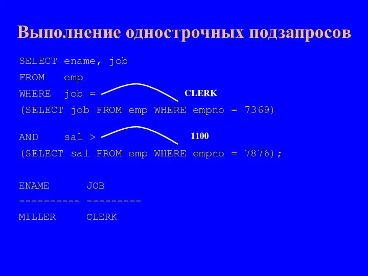 Выполнение однострочных подзапросов SELECT ename, job FROM emp WHERE job = (SELECT