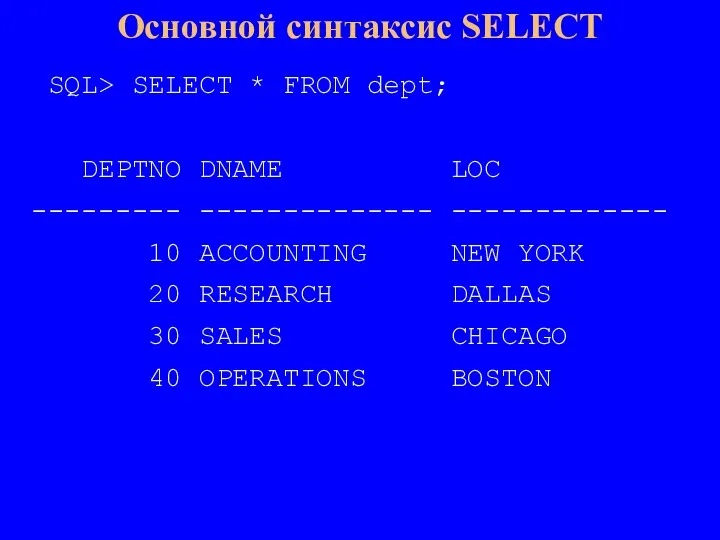 Основной синтаксис SELECT SQL> SELECT * FROM dept; DEPTNO DNAME LOC ---------