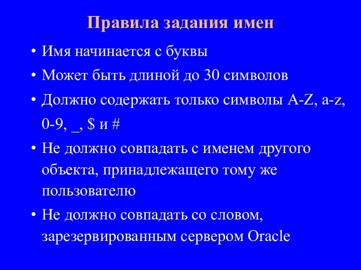 Имя начинается с буквы Может быть длиной до 30 символов Должно содержать