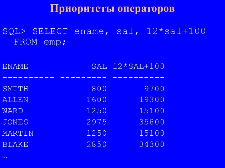 SQL> SELECT ename, sal, 12*sal+100 FROM emp; ENAME SAL 12*SAL+100 ---------- ---------