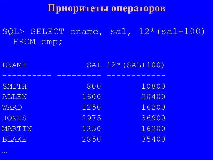 SQL> SELECT ename, sal, 12*(sal+100) FROM emp; ENAME SAL 12*(SAL+100) ---------- ---------