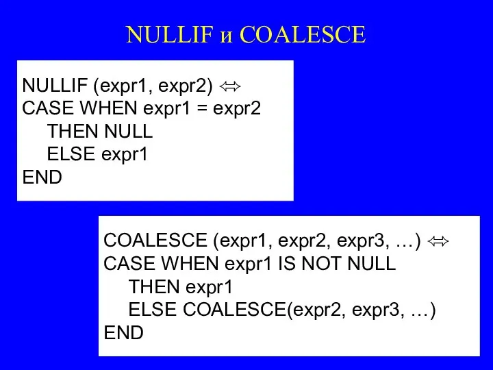 NULLIF и COALESCE NULLIF (expr1, expr2) ⬄ CASE WHEN expr1 = expr2