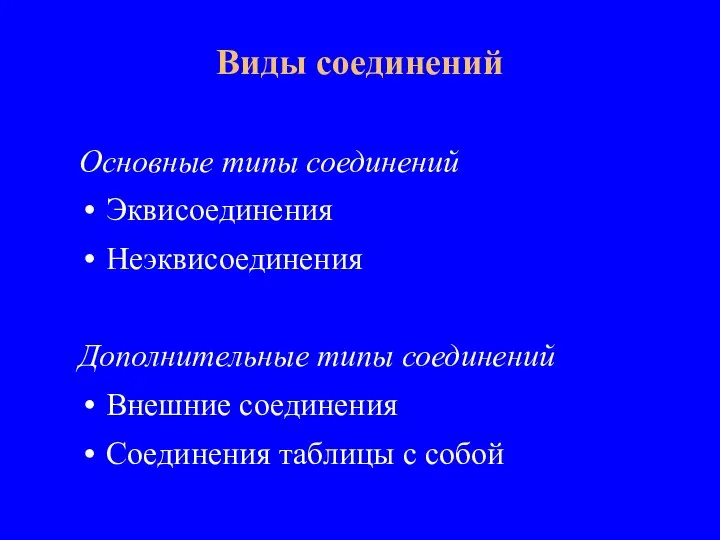 Основные типы соединений Эквисоединения Неэквисоединения Дополнительные типы соединений Внешние соединения Соединения таблицы с собой Виды соединений