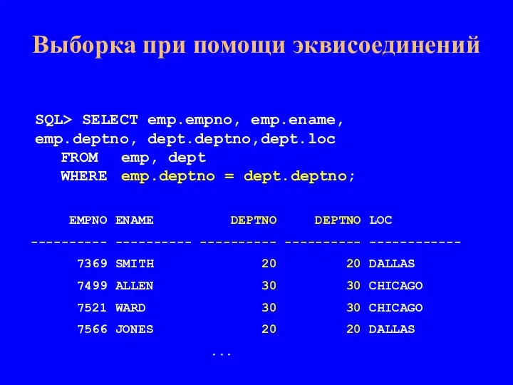 Выборка при помощи эквисоединений SQL> SELECT emp.empno, emp.ename, emp.deptno, dept.deptno,dept.loc FROM emp,