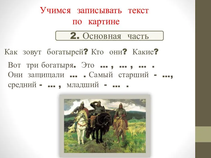 Учимся записывать текст по картине 2. Основная часть Как зовут богатырей? Кто