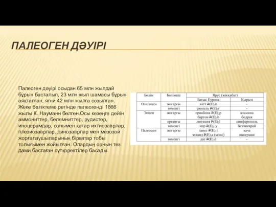 ПАЛЕОГЕН ДӘУІРІ Палеоген дәуірі осыдан 65 млн жылдай бұрын басталып, 23 млн