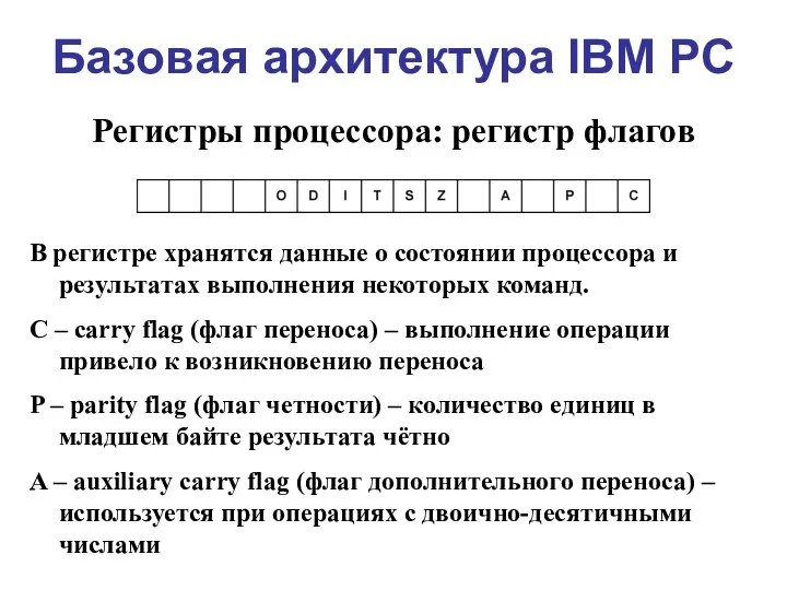 Базовая архитектура IBM PC Регистры процессора: регистр флагов В регистре хранятся данные