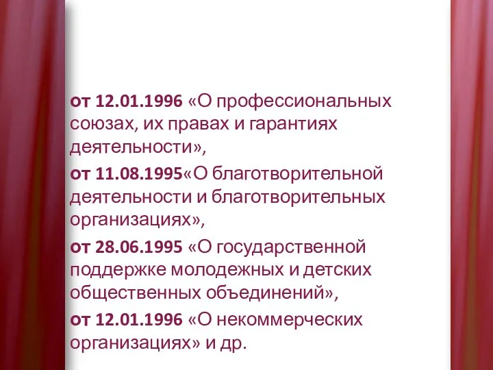 от 12.01.1996 «О профессиональных союзах, их правах и гарантиях деятельности», от 11.08.1995«О